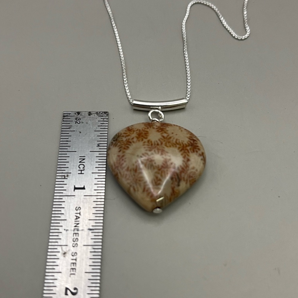 Heart-Shaped Brown Fossil Coral Stone Necklace with Sterling Silver Chain - Picture 4 of 5